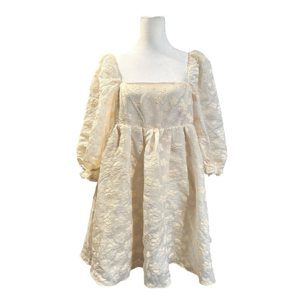 STORIA Baby Breath Baby Doll Cream Floral Appliqué Puff Sleeves Mini Dress NWT M